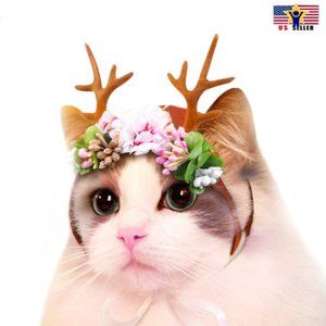 Pet Elk Cat Antler Deer Horn Headband Flower Pet Headwear Christmas Deco Costume